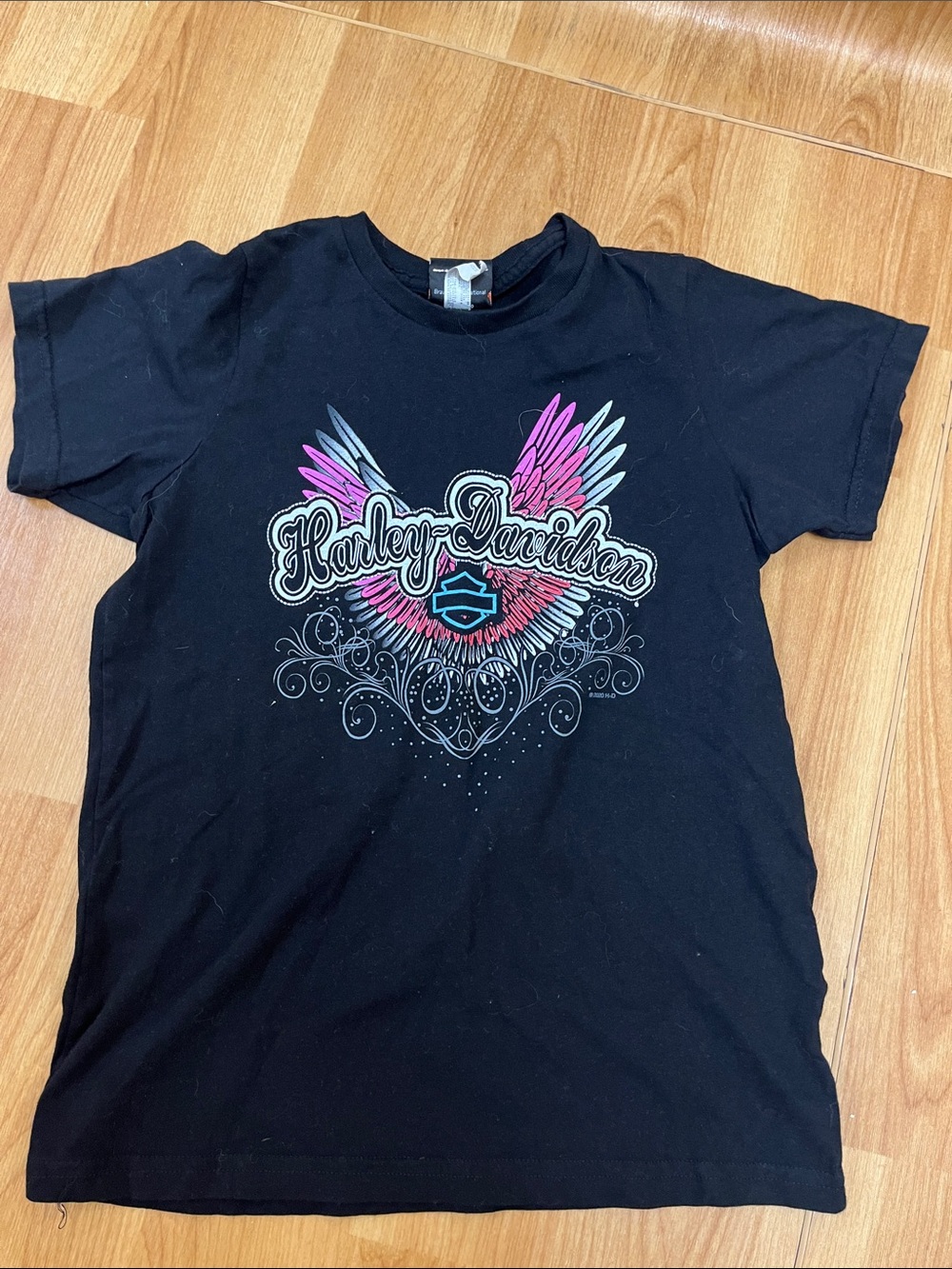 Harley-Davidson Black Tee with Pink & White Wing Graphic